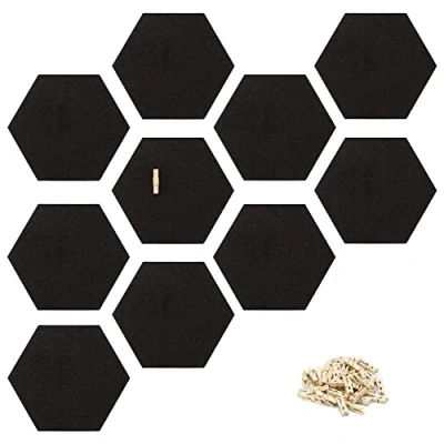 Afbeelding van Navaris zeshoekig prikbord van kurk Set 10 zelfklevende tegels Inclusief 50 houten punaises 15 x 17 cm wandbord in zwart