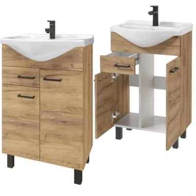 Afbeelding van Domodomo Badkamerkast met wastafel, 85 x 55 42 cm, badkamermeubel lade en onderkast, gelakt, elegante set keramische wastafel