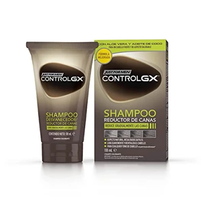 Afbeelding van Just For Men Control GX Shampoo en haarverf voor mannen, vermindert grijs haar bij elke wasbeurt, met kokosolie aloë vera, alle tinten, 118 ml
