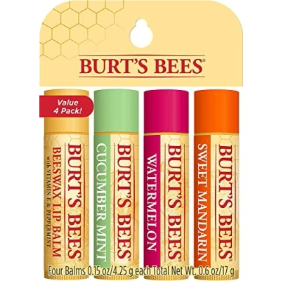 Image de Burt&#039;s Bees Baume à lèvres Multipack, ensemble de baumes avec cire d&#039;abeille, concombre menthe, pastèque, mandarine douce, fraîchement cueillie, 4 x 4,25 g