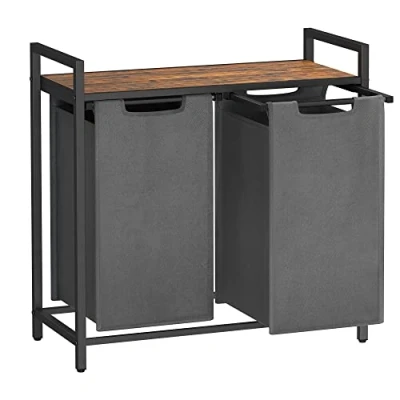 Afbeelding van VASAGLE Wasmand, mand voor vuile was, met 2 afneembare zakken van Oxford stof, compartimenten, metalen frame, x 46 l, 73 33 72 cm, rustiek bruin en grijs BLH201G01