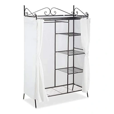Afbeelding van Relaxdays COUNTRY Metalen kast 172 x 105 45 cm (h b d), landhuisstijl met stoffen gordijn, zwart/wit