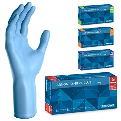 Afbeelding van ARNOMED Wegwerphandschoenen, blauw, extra lang, nitril handschoenen, maat L, 50% dikker, 100 stuks/doos, wegwerphandschoenen zonder poeder, latexvrije mechanische