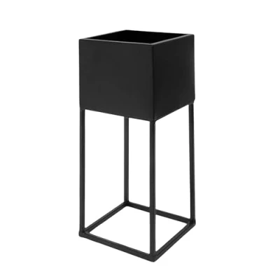 Afbeelding van Spetebo Metalen bloempot maat XL zwart met standaard 32 x 14 cm plantenstandaard vierkant pot woondecoratie bloemkruk