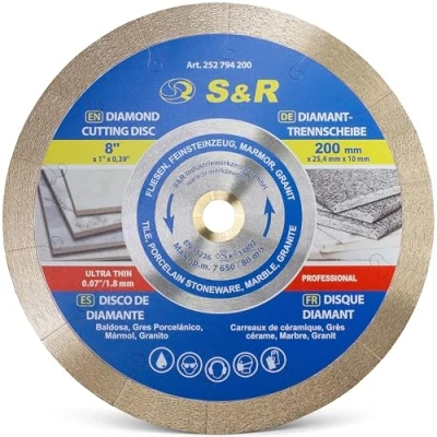 Afbeelding van S&amp;R Diamond Saw Blade 200*25,4*7 mm (1,6 mm), tafelzaag, voor porselein, fijn steengoed, harde tegels, graniet