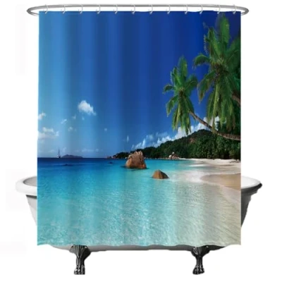 Afbeelding van Ulticool Douchegordijn Strand Natuur Zee Eiland Palmboom 180 x 200 cm semi Transparant met 12 Ringen Wit anti Schimmel Blauw