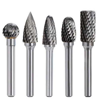 Afbeelding van ASNOMY Set van 5 hardmetalen roterende frezen met dubbele snede, 6,35 mm schacht, 10 kop, massief hardmetaal, voor slijpmachines, metalen snijden, polijsten, graveren, boren enz
