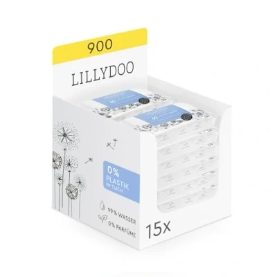 Afbeelding van LILLYDOO 15 verpakkingen van 60 vochtige babydoekjes, met 99% water, 900 doekjes, 100% plasticvrij, geurvrij en zacht als katoen water (FSC Mix)