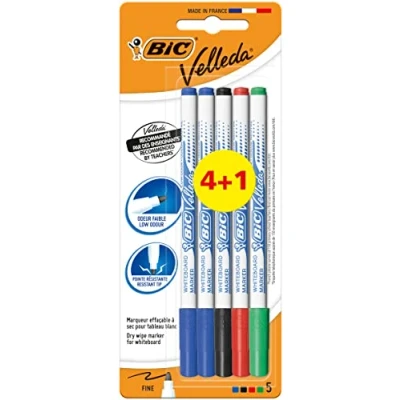 Afbeelding van BIC Velleda 1721 viltstiften voor whiteboard, afwasbaar, droge punt, fijne verschillende kleuren, blister met 4 + 1 stuk