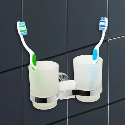 Afbeelding van IPEA porte brosse à dents adhésif mural avec double verre Pas besoin de perçage Design moderne élégant brosses et dentifrice Support chromé