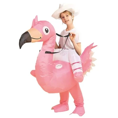 Afbeelding van AirSuit® Flamingo opblaasbaar kostuum voor kinderen, maat 90 tot 120 cm, van zeer duurzaam polyester, aangenaam om te dragen, inclusief opblaassysteem, reuzendier, OriginalCup®