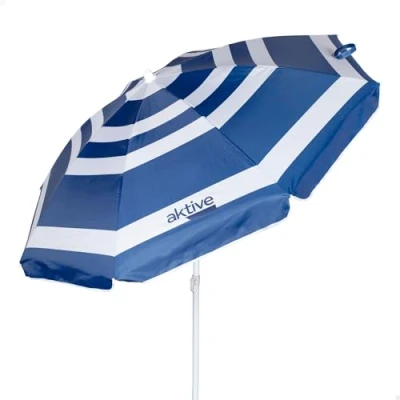 Afbeelding van AKTIVE Opvouwbare strandparasol, maritieme stijl, gestreept, Ø 180, zilveren coating en uv bescherming 50, strandscherm, parasol, (62234), marineblauw, Marinier