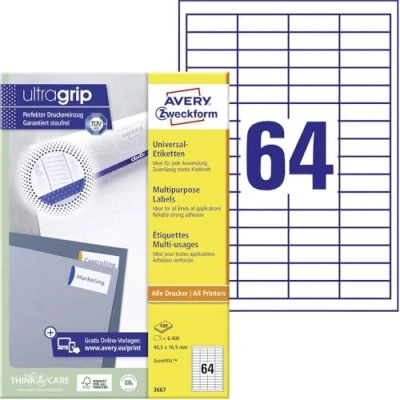Afbeelding van Avery Zweckform 3667, Universele Etiketten, Ultragrip, Wit, 100 Vel, 64 Per 48,5 X 16,9 Mm Etiket