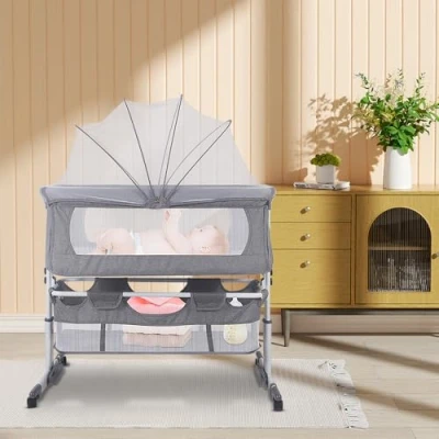 Afbeelding van Lit Bébé Cododo Berceau avec Matelas, Mode Bascule pour Bercer Bébé, Côté Repliable, Hauteur Réglable, Fenêtres en Filet, Roues et Sac de Voyage 0 6 Mois (92 * 58 70 90cm (gris))