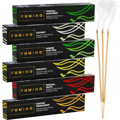 Afbeelding van Fumino Natuurlijke wierook, fris, handgemaakt, set tropische smaak, 6 dozen met 84 wierookstokjes (90 g) geur masala agarbatti joss voor ontspanning en meditatie