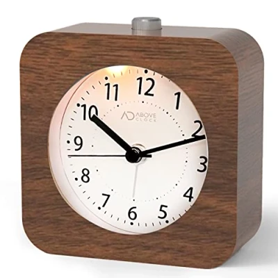 Afbeelding van aboveClock Houten ochtendwekker, analoge wekker, stil, zonder tikken, wekker op batterijen met snooze functie, klok wijzers, toenemend alarm voor familie/kantoor【donker hout】