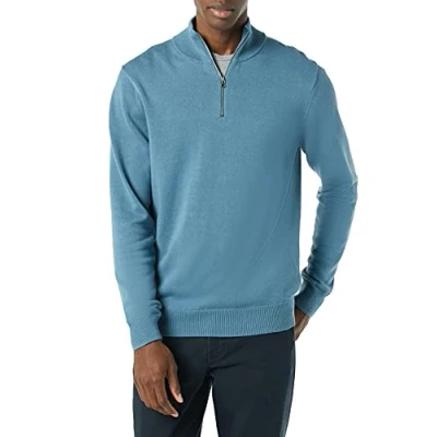 Image de Amazon Essentials Pull pour homme 100% coton à fermeture éclair 1/4 Bleu Taille L