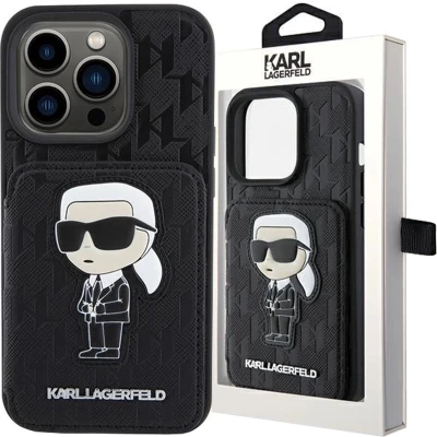 Afbeelding van Karl Lagerfeld Saffiano Kaartslots en Stand Monogram Ikonik Patch hoesje voor iPhone 15 Pro zwart