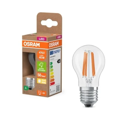 Afbeelding van OSRAM Superstar Classic P 40 LED in mini bolvorm, transparante glazen behuizing, 2,2 W, 470 lumen, E27, warm wit licht 2700 K, EEK A, diameter 45 mm.