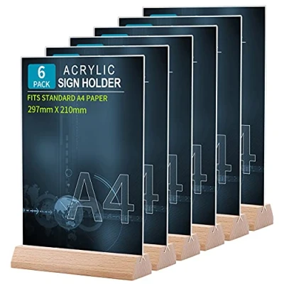 Afbeelding van Srvnpioy Set van 6 A4 T vormige tafelstandaard Houten basis menustandaard Acryl transparant plexi houder voor restaurants, menu&#039;s, hotel, school