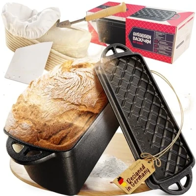 Afbeelding van FLAVEMOTION® broodbakvorm met deksel Complete set (rijsmand, bakkersmes, deegkaart, starterrecept) bakvorm, gietijzeren pan, braadpan, zwart