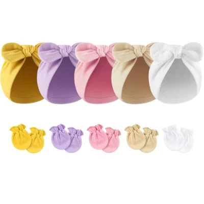 Afbeelding van DRESHOW Babymutsen en beschermende wanten van katoen, 5 stuks bijpassende cups paar handschoenen met klittenbandsluiting voor kinderen, baby&#039;s, meisjes jongens, sets: bow hats &amp; mittens set