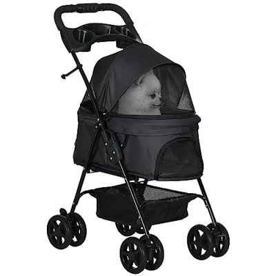 Afbeelding van PawHut Opvouwbare buggy voor honden en katten, opbergmand, bekerhouder, 300D Oxford stof, waterdicht, 4 wielen, donkerblauw (zwart)
