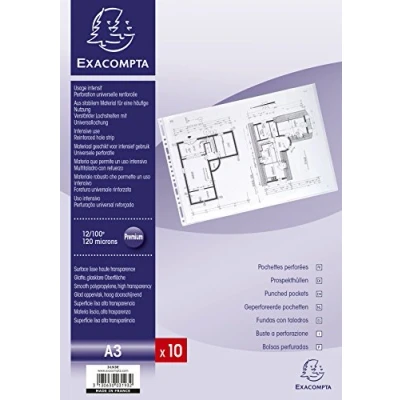 Afbeelding van Exacompta Ref. 3193E zak met 10 geperforeerde hoezen van pvc, glad, 12/100e, universele perforatie, 11 gaten, A3 formaat, horizontaal/dwars, kleurloos