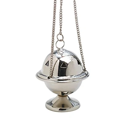 Afbeelding van NKlaus Wierookvat met ketting 30 cm messing deco zilver 7529