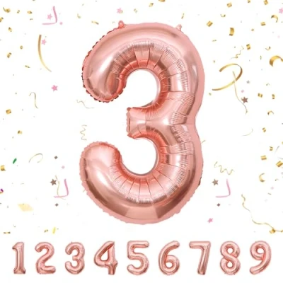 Afbeelding van Ballonnen verjaardag 3 jaar roségoud 101 cm ballon nummer verjaardagsdecoratie vliegen met helium