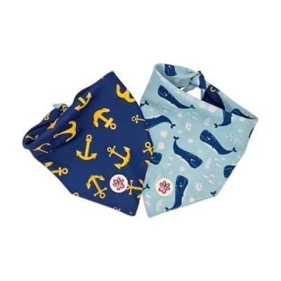 Afbeelding van Bandana Hond Dubbelzijdige Hondenbandana Blauw Ankers Walvissen All Paws on Deck Paw My God! Maat M