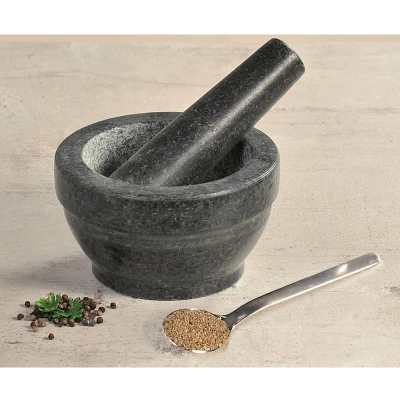 Afbeelding van Granieten Vijzel Ø 16 cm met Stamper van Graniet Fijnstampen en vermalen Kruiden of maken Dressings Materiaal: Afm. x 8,5 Cm.