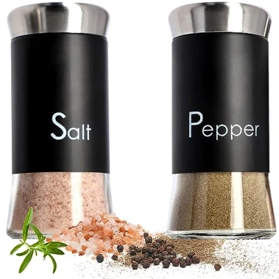 Afbeelding van en peperstrooier, set van 2, 150 ml, strooier glas roestvrij staal, zoutvaatje met middendeksel, kruidenstrooier, kruidenpotjes (zwart)
