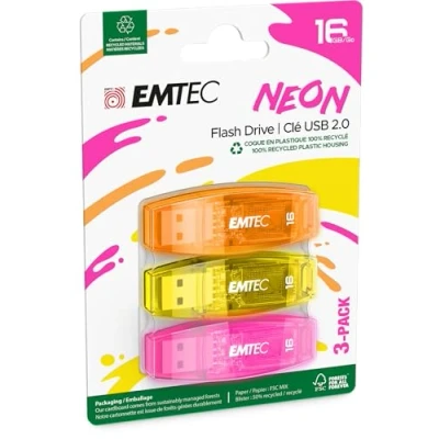 Afbeelding van EMTEC USB 2.0 C410 stick, flashdrive, 16 GB, lezen 5 Mb/s, schrijven 15 compatibel met 2.0, 3.0, transparant, neon dop, 3 stuks