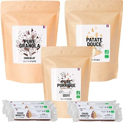 Image de Nutripure Pack Petit Déjeuner Bio Barre Cacao, Farine de Patate Douce Orange Bio, Porridge Chocolat, Granola Chocolat Sans Gluten, OGM Riche en Fibres, IG Modéré Pour une Journée Saine