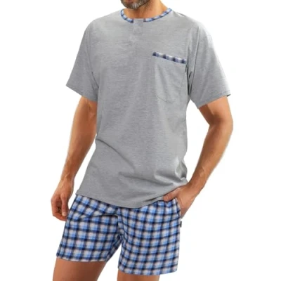 Afbeelding van Sesto Senso Heren Kort Pyjama Set Kotoen Korte Mouw Top &amp; Bottom Nachtkleding Pjs, Grijs Melange, Broek Wit en Blauw Geruit, M