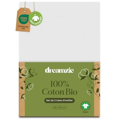 Afbeelding van Dreamzie 100% biologisch katoen Kussensloop 50 x cm Set van 2 Wit met ritssluiting Oeko Tex