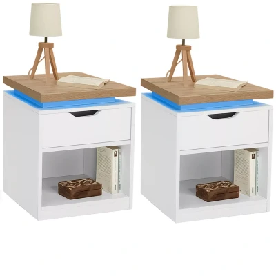Image de Lot de 2 tables chevet LUNA à LEDS avec 1 tiroir blanc et plateau effet bois