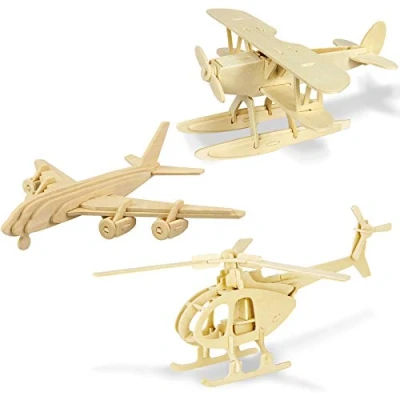 Afbeelding van Georgy Porgy houten puzzel 3D decoupeerzaag, modellen van hout, voor kinderen, speelgoed vanaf 5 jaar, 3 stuks (helikoptervliegtuig)