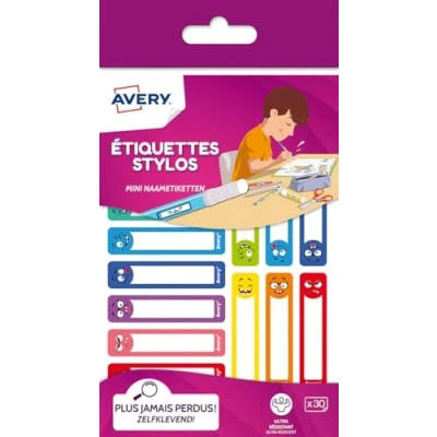Image de Avery 30 Étiquettes Autocollantes Résistantes pour Crayon de Couleurs, Feutres et Stylo 4 Couleur Format 50 x 10 mm Motifs Smiley Surface Blanche Inscriptible Adhésif Permanent
