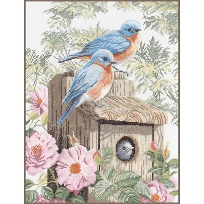 Afbeelding van Blauwe Vogels Evenweave Borduurpakket met Telpatroon Lanarte