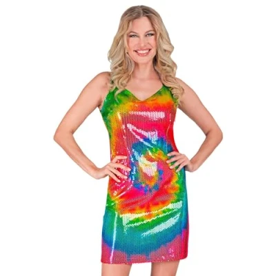 Afbeelding van Widmann Hippie Kostuum Pailletten Jurk Tie Dye Colour Bomb Vrouw Multicolor Medium Carnavalskleding Verkleedkleding