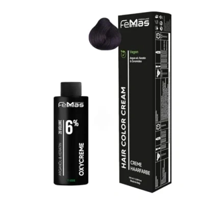 Afbeelding van Femmas Haarkleurset middenbruin paars 4.2 I Hair Color Cream 100 ml + oxy crème 6% permanente haarkleur ontwikkelaar zacht en duurzaam haarverf