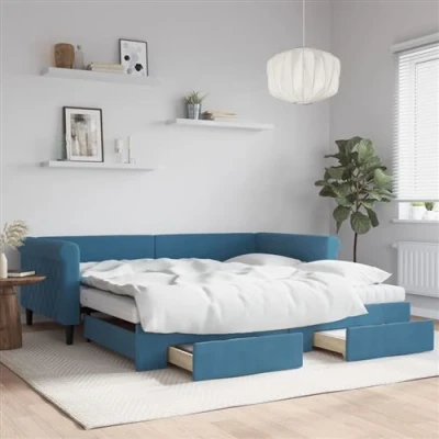 Afbeelding van vidaXL Slaapbank met onderschuifbed en lades 100x200 cm fluweel blauw