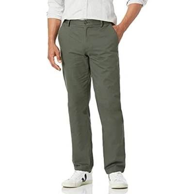 Image de Amazon Essentials Pantalon chino à coupe droite, infroissable, devant plat pour homme, olive, 106,7 x 76,2 cm (l L)