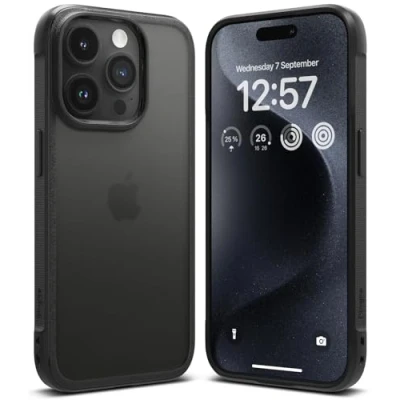 Afbeelding van Ringke beschermhoes compatibel met iPhone 15 Pro [Fusion Bold Mat], anti vergeling, transparant, ultradun, stijf, achterkant, zacht, schokbestendig, voor Pro, mat zwart