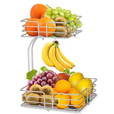 Afbeelding van Fruitmand met 2 niveaus, bananenhouder, keuken, fruitschaal van metaal, afneembare staande fruitschalen, moderne decoratieve groentemand, fruitmanden (zilver)