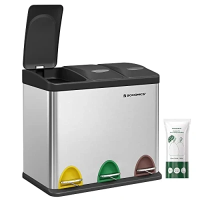 Afbeelding van Songmics Prullenbak 24L Afvalscheiden Pedaalemmer Roestvrij Staal 3 x 8 Liter Afvalbak