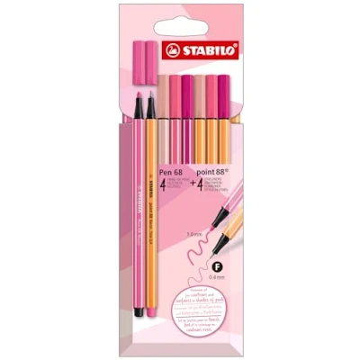 Afbeelding van STABILO Pen 68 &amp; point 88 Fineliner en Viltstift Shades of Pink Etui Met 8 Stuks