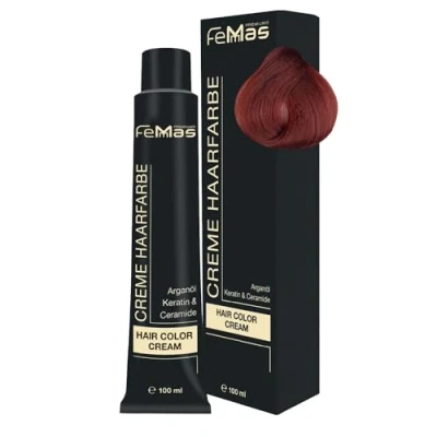 Image de FemMas Teinture pour cheveux, 100 ml, crème professionnelle enrichie à l’huile d&#039;argan nourrissante, la kératine et aux céramides, comme coloration permanente ou teinte, blond foncé cuivre 6.64